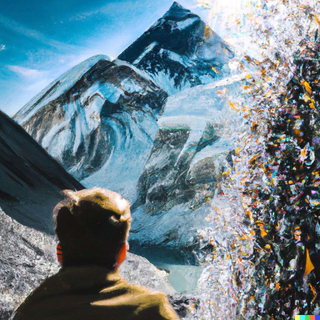 someone gazing at Mount Everest, covered in exploding crystals